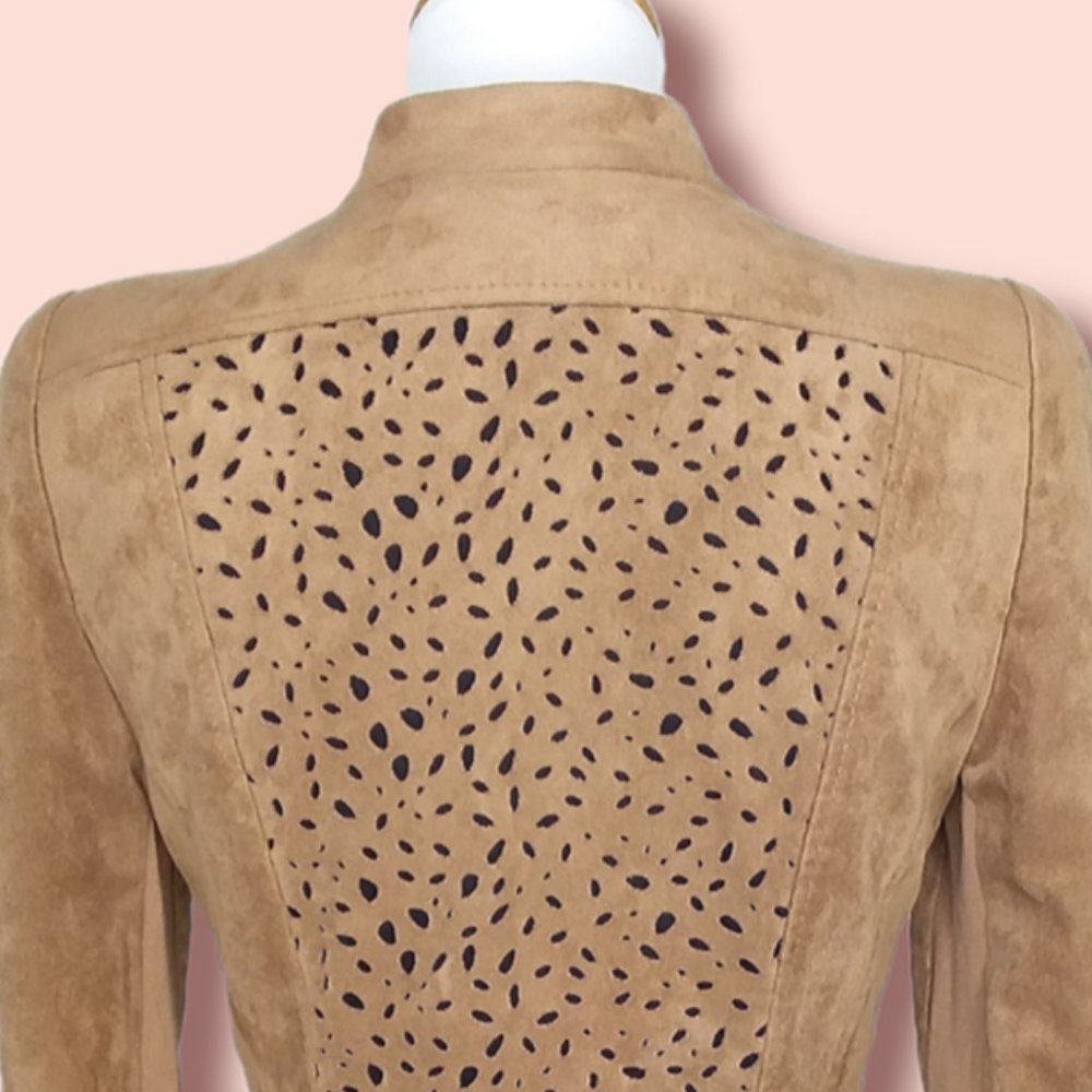 BCBGMaxAzria Skyler Faux Suede Cropped Moto Jacket Size Small Laser Cutouts - Picture 7 of 11